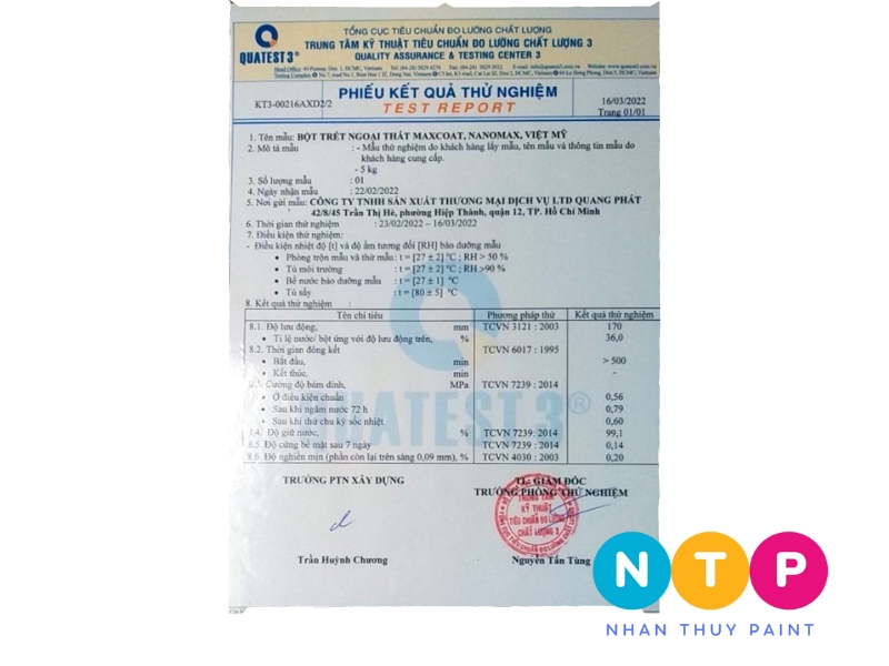 chứng nhận chất lượng bột việt mỹ ngoại thất